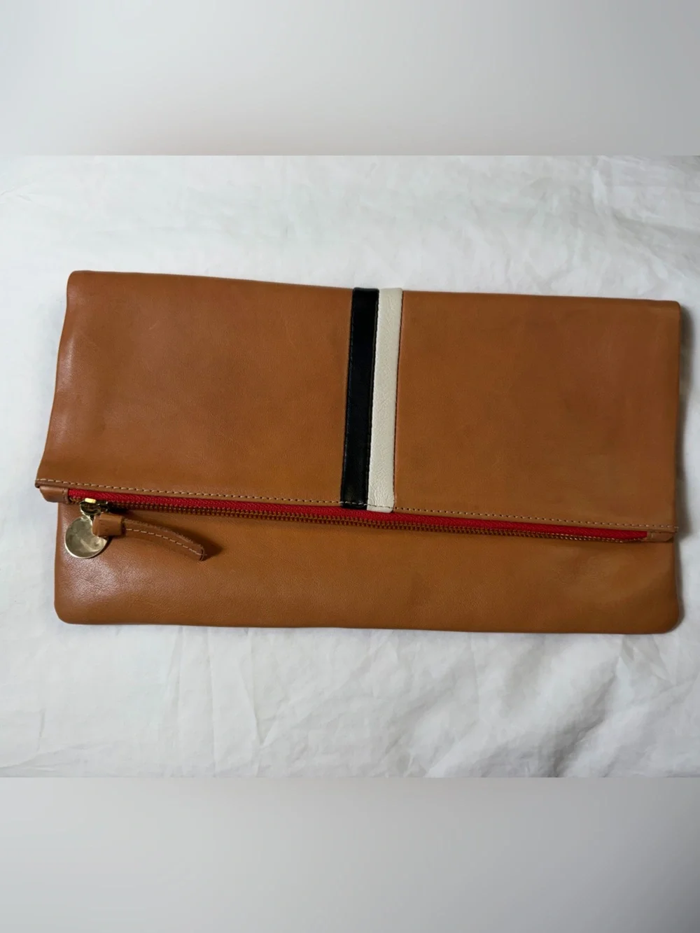 Clare V. Leather Foldover Clutch Tan Leather Clutch with Contrast Stripe